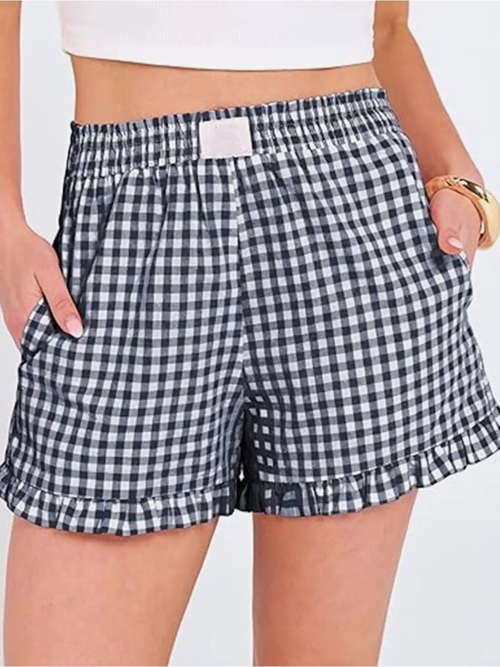 Gingham Ruffle-Hem Bermuda Shorts - Black & White
